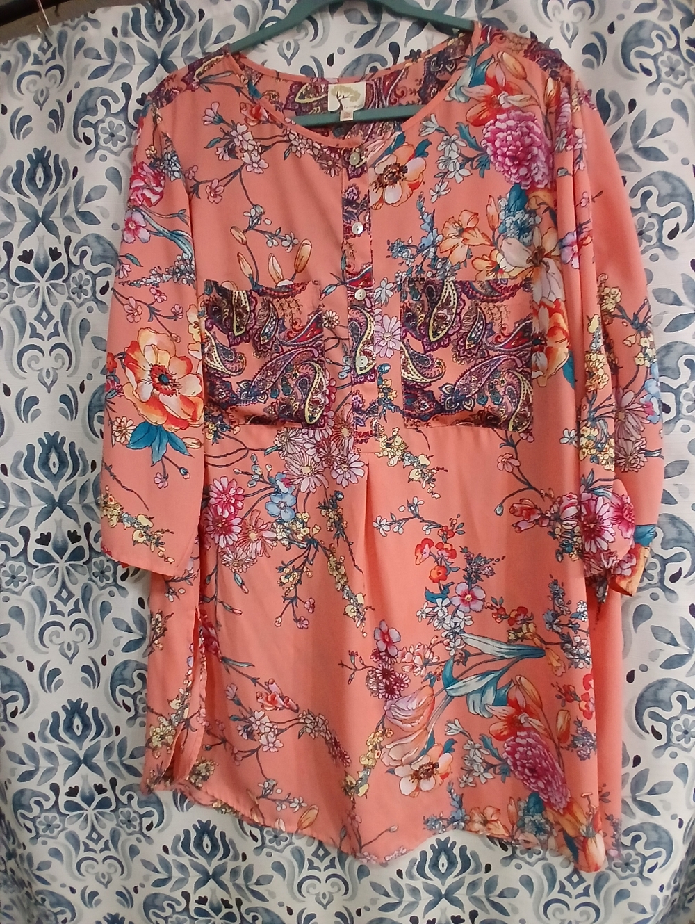 fig and flower Coral Floral Paisley Button-Front Blouse